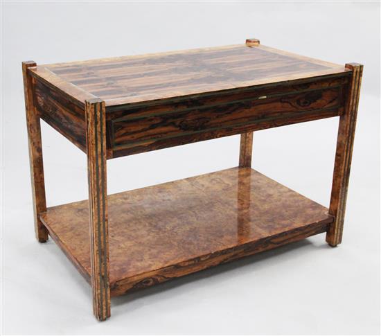 A modern brass strung rosewood and burr wood occasional table, W.3ft 5in.